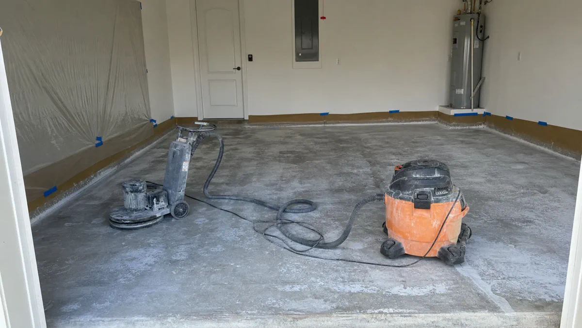 Surface preparation equipment for a garage floor coating project