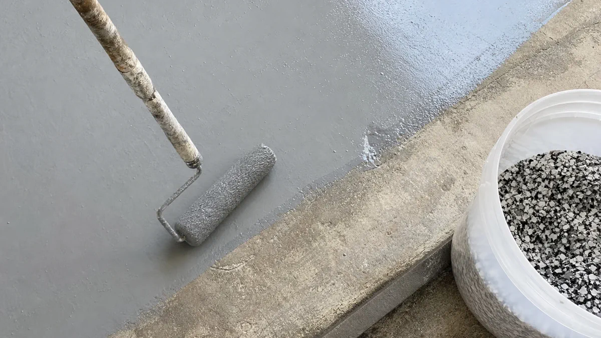 Close view of garage floor coating detail and surface texture